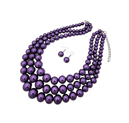 Fashion 21 Women's Faux Pearl Three Multi-Strand Statement Necklace and Earrings Set - color: Purple
