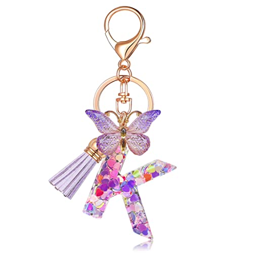 JINGUAZI Butterfly Initial Letter Keychain Bag Charms for Women | Cute pendant accessories for purses, handbags, backpacks, car keys, small gift for her young women, mothers, teachers - color: K-purple