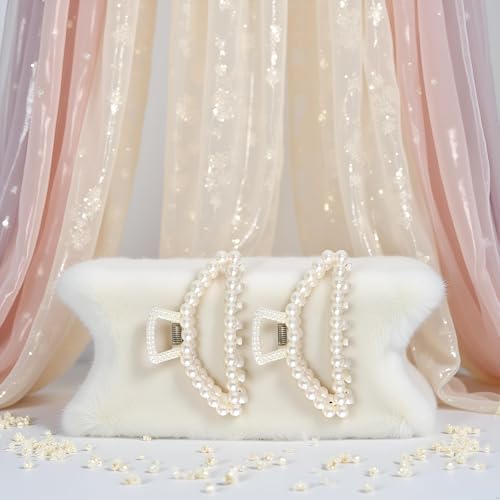 2Pcs White Large Pearl Hair Clip for Thick Hair,Girls Big Hair Claw Clips For Hair,Faux Pearl Claw Clips,Neutral Hair Clips Fashion Hair Accessories Headwear Styling Tools for Party Wedding
