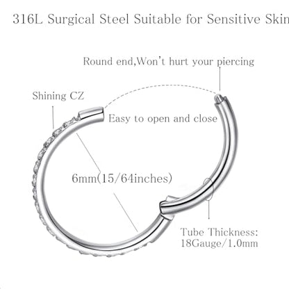 ORANGELOVE 20G 18G 16G Clear CZ Nose Ring Hoop 316L Surgical Steel Seamless Silver Septum Ring Clicker Jewelry Cartilage Earring Ear Piercing Hoop Earrings for Women Men Helix Rook Lobe Conch Tragus Daith Lip Hinged Piercing Jewelry with Cubic Zirconia -