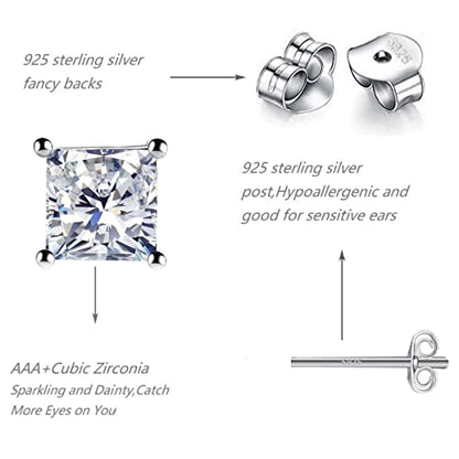 925 Sterling Silver Stud Earrings, 4 Pairs Square Cubic Zirconia Stud Earrings Set for Women Men 3 4 5 6mm - color: A-Silver 3/4/5/6mm