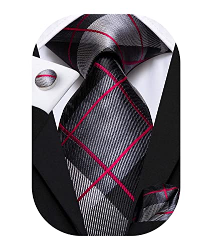 Hi-Tie Men 63inches Tie Set Extra Long Necktie Paisley Tie Pocket Suqare Cufflinks Big and Tall Men Tie - color: Black Red