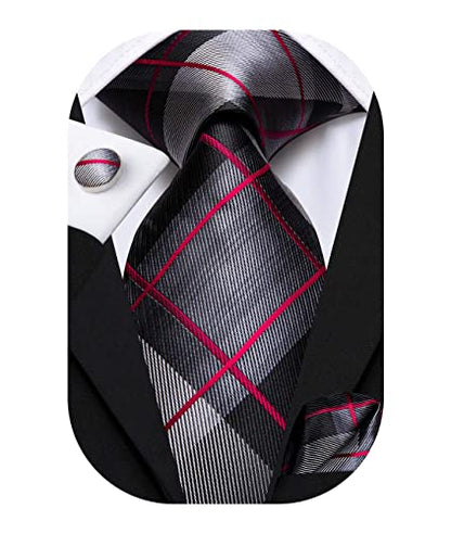 Hi-Tie Men 63inches Tie Set Extra Long Necktie Paisley Tie Pocket Suqare Cufflinks Big and Tall Men Tie - color: Black Red