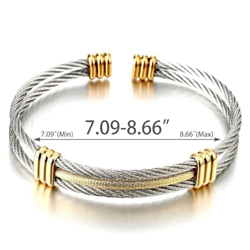COOLSTEELANDBEYOND Men Women Stainless Steel Twisted Cable Adjustable Cuff Bangle Bracelet - color: B-Metal Color: Silver & Gold