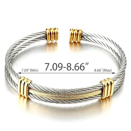 COOLSTEELANDBEYOND Men Women Stainless Steel Twisted Cable Adjustable Cuff Bangle Bracelet - color: B-Metal Color: Silver & Gold