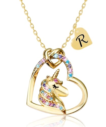 Girl Teen Initial Unicorn Necklace Gift Children Girl Jewelry Gift | Valentine's Day-Unicorn necklace for girls daughters and granddaughters gold CZ heart-shaped colored necklace birthday gift - style: R