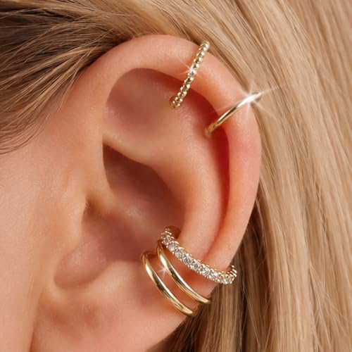 4Pcs Cuff Earrings Non Piercing 14k Gold Plated Ear Cuff Fake Earrings Lightweight Adjustable Ear Clip on Earring for Women Trendy Jewelry Gifts