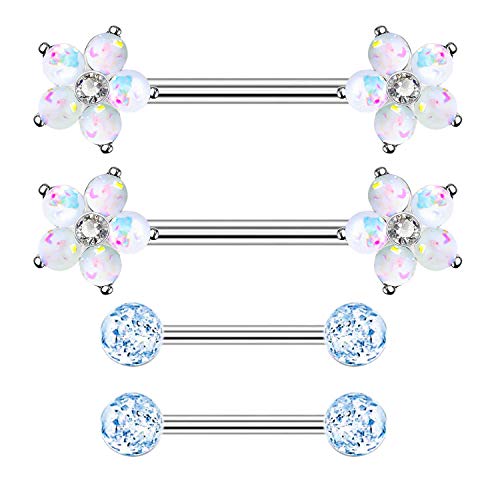 14G Opal Flower CZ Nipple Barbell Nipple Ring Piercing Jewelry for Women - color: white blue