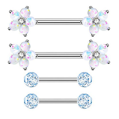14G Opal Flower CZ Nipple Barbell Nipple Ring Piercing Jewelry for Women - color: white blue