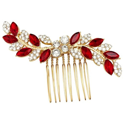 Bridal Crystal Hair Comb Small Wedding Alloy Rhinestone Party Prom Hair Piece Accessories Elegant for Women Girls (Red + Gold) - color: Red + Gold
