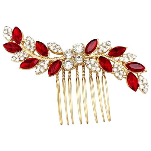 Bridal Crystal Hair Comb Small Wedding Alloy Rhinestone Party Prom Hair Piece Accessories Elegant for Women Girls (Red + Gold) - color: Red + Gold