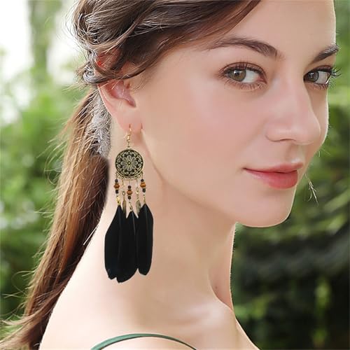 Dreuyet Boho Long Feather Drop Dangle Earrings for Women Retro Bohemian Ethnic Fringe Multicolor Tassel Feather Earring Handmade Statement Dream Catcher Earrings Jewelry - color: Black Round Flower
