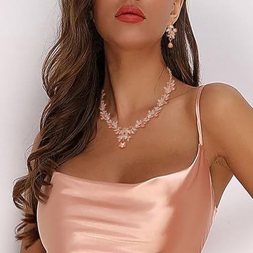 Women's Wedding Jewelry Set Leaf Flower for Bridal Prom Party | Stunning Crystal Teardrop Marquise Cluster Pendant Necklace Dangle Earrings Set for Bride Bridesmaid - color: 07-Peach Rose-Gold-Plated-Base