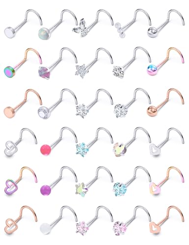 Prjndjw 20G 18G Nose Rings Studs Surgical Steel Nose Stud Glow Dark Heart Opal CZ Flower Nose Piercing Jewelry Nose Rings for Women Straight Screw L Shaped Nose Rings Hypoallergenic Nose Piercing Kit - color: 18G-Twisted nose rings