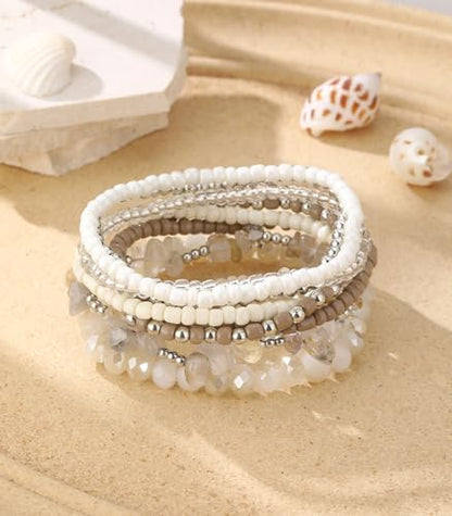 Noessla Boho Beaded Bracelets for Women Stackable Irregular Natural Stone Bead Stretch Bracelet Set 8PCS Costume Jewelry Gifts for Her - color: Beige
