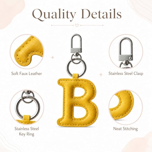 Initial Letter Keychain,Stainless Steel,Colorful Faux Leather Keyring for Backpack,Purse,Car Keys,Gift for Men Women - color: B