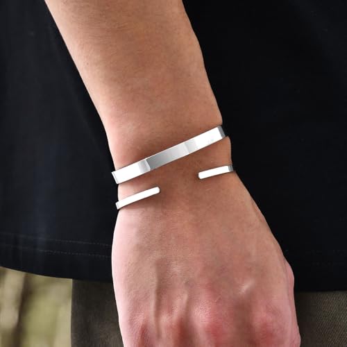 Stainless Steel Mens Cuff Bracelet : Minimal Cool Silver/Black/Gold Plated Open Metal Cuff Bangle Bracelets for Men,Mens Bracelet Jewelry Gift - color: Silver-2-Pack, size: Medium( fit 5.5"-7.2" wrist)