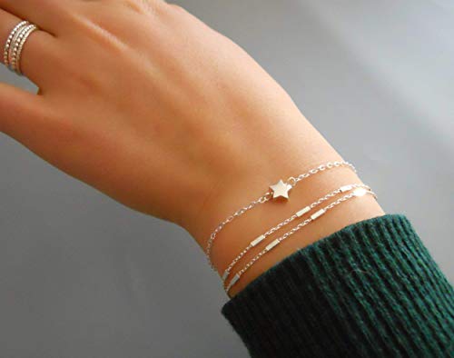 925 Sterling Silver Double Layered Bracelet, Length 6.5-7.5 Inches, Chain Bracelets for Women, Waterproof Minimalist Women's Jewelry (Satellite Bar Chains)