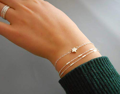 925 Sterling Silver Double Layered Bracelet, Length 6.5-7.5 Inches, Chain Bracelets for Women, Waterproof Minimalist Women's Jewelry (Satellite Bar Chains)