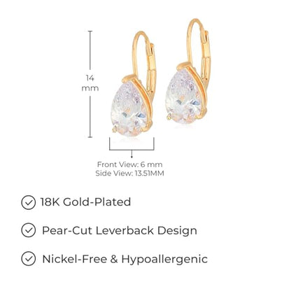 Amazon Essentials Sterling Silver or Gold Plated Sterling Silver Pear Cut Cubic Zirconia Leverback Earrings - color: Yellow Gold