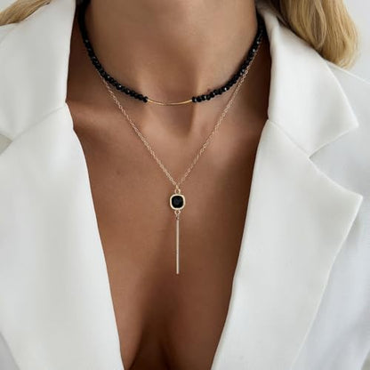 Gold Layered Necklace for Women Chunky Stacked Chain Link Paperclip Evil Eye Necklace Trendy Punk Jewelry - color: X-Black