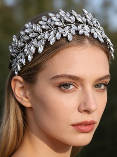 Missgrace Women Silver Green Black Red Blue Handmade Full Crystal Rhinestone Large Headband Hair Vine Shinny Headpiece Bridal Wedding Hair Accessories for Women (Mint blue) - color: Mint blue