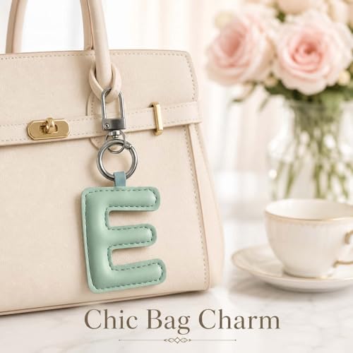 Initial Letter Keychain,Stainless Steel,Colorful Faux Leather Keyring for Backpack,Purse,Car Keys,Gift for Men Women - color: E