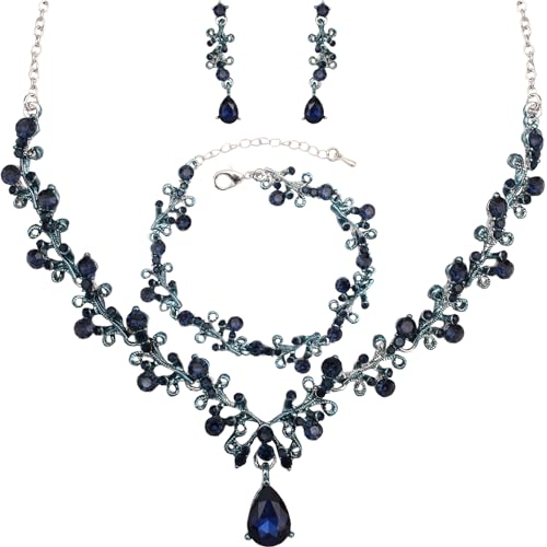 3Pcs Austrian Crystal Jewelry Set for Women, Necklace Dangle Earrings Link Bracelet Jewelry Set with Gold/Platinum/Gun Plated, Wedding Party Jewelry for Bridal Bridesmaid - color: Blue Black-Platinum Plated
