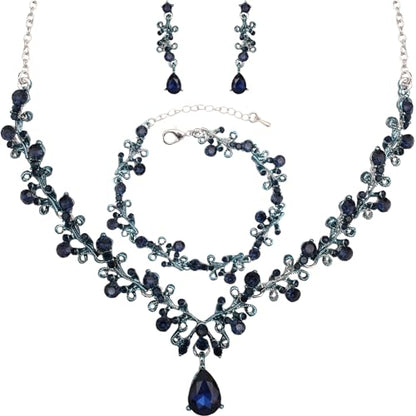 3Pcs Austrian Crystal Jewelry Set for Women, Necklace Dangle Earrings Link Bracelet Jewelry Set with Gold/Platinum/Gun Plated, Wedding Party Jewelry for Bridal Bridesmaid - color: Blue Black-Platinum Plated