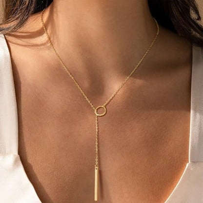 Lariat Necklace for Women, Dainty 14K Gold/Silver Plated Long Necklaces for Women Trendy Simple Layered Y-Shaped Pendant Necklace Adjustable Fashion Jewelry Gift - color: Gold, style: Bar Pendant