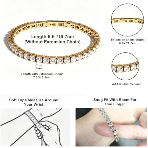 Tennis Bracelets for Women Men Adjustable, AAA Cubic Zirconia Stainless Steel Bracelet Sparkle Simulated Diamond Bangle - color: 18K Gold Plated