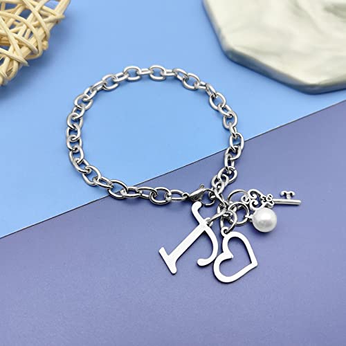 Initial A-Z Bracelets Gift for Women Girls Stainless Steel Chain Bracelet 26 Alphabet Jewelry Gifts for Birthday Anniversary Letter Bracelet Monogram Gifts for Sister Friend Girlfriends Mom 8.26 Inch - color: T