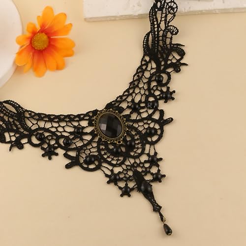 Gothic Victorian Style Vampire Choker Necklace for Women Black Crystal Tassel Lace Collar Necklace Halloween Punk Black Sexy Lace Necklace Halloween Cavewoman Costume - style: Long Teardrop Tassel