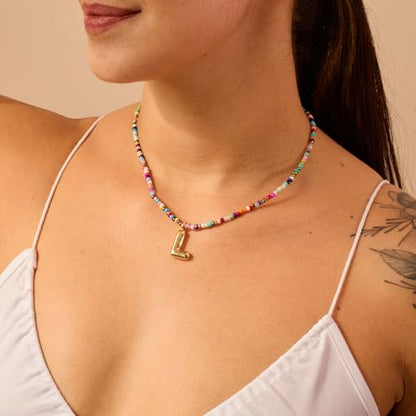 VRIUA Colorful Initial Necklaces for Women – Bubble Letter A-Z Necklace Handmade Beaded Necklace Dainty Initial Necklaces for Girls Kids - Teen Girls Gifts Trendy Jewelry - color: Gold, style: L