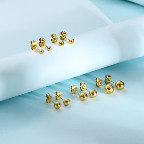 6 Pairs Surgical Stainless Steel Round Ball Stud Earrings Set for Women Men 3-7mm - style: 3/4/5/6/7mm Ball Stud Earrings Gold