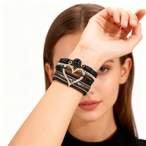 Leopard Bracelet for Women, Boho Leather Wrap Multi-Layer Pearl Crystal Bracelet Bangle Jewelry - color: Heart Leather(Pearl)