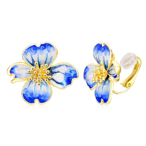 Clip on Earrings Women, 14K Gold Plated Earrings for Sensitive Ears, Fashion Women's Earrings Jewelry Birthday Gift for Wife Grandma Daughter Girls on Christmas Thanksgiving - color: Gold Blue Earrings