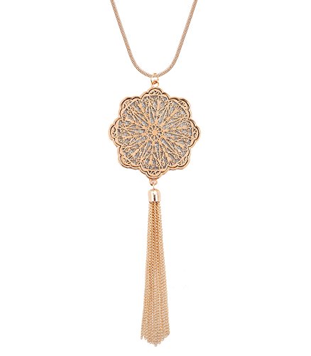 MOLOCH Long Necklaces For Woman Disk Circle Pendant Necklaces Tassel Fringe Necklace Set Statement Pendant - color: floral-shaped-gold