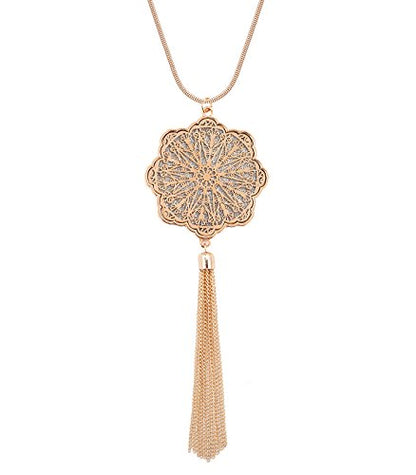 MOLOCH Long Necklaces For Woman Disk Circle Pendant Necklaces Tassel Fringe Necklace Set Statement Pendant - color: floral-shaped-gold