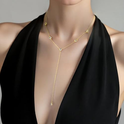 Lariat Gold Necklace for Women, Dainty Long Necklace Y-Shaped Layered Beaded Chain Drop 14k Gold Plated/Silver Necklaces Trendy CZ Diomand Simple Jewelry for Women Gift - color: Gold-Y-5CZ