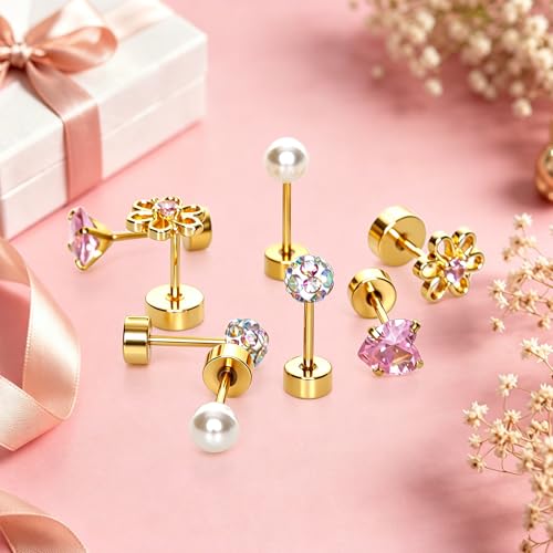 4 Pairs Gold Tone Stainless Steel Stud Earrings Set Hypoallergenic Screw Back Earrings with Pearl Flower Heart and Crystal Ball Designs for Women