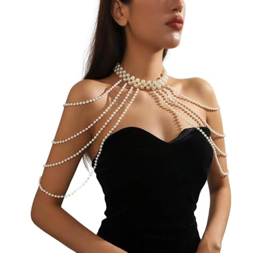 Pearl Beaded Bra Body Chain,Festival Rave Shoulder Chain Wedding Bridal Pearl Tassel Arm Chain Jewelry for Women - color: White