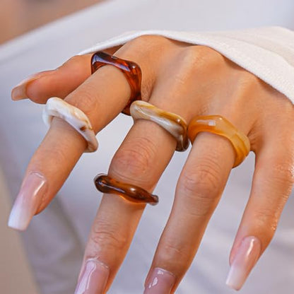 5Pcs Stacking Retro Brown and White Square Resin Knuckle Ring, Simple Chunky Black Acrylic Rings for Women Bohemia Dainty Party Prom Charm Jewelry Gift - color: Brown