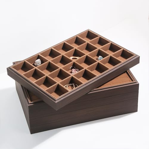 Wood Jewelry Organizer Tray, Earrings Holder (Brown, 2Pc, 24 Grids) | Stackable Earrings Organizer, Earrings Display Tray, 24 Grids Ring Holder, Space-Saving Storage - size: 24Grids+24Grids