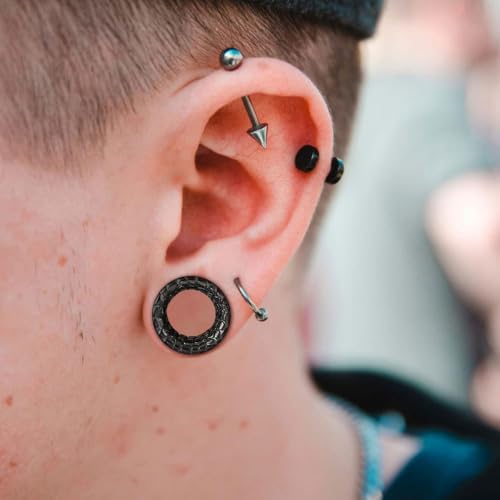LADEMAYH 2PCS Hammered Ear Plugs Gauges for Ears, Punk Textured Tunnels | Industrial Style, Double Flared Expander, 316L Surgical Stainless Steel, Hypoallergenic, Saddle Fit, Ear Stretching Jewelry - color: #6749 Black, size: 0g(8mm)