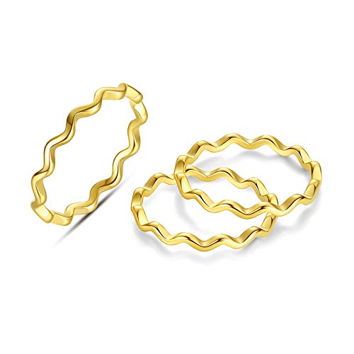 REVEMCN 3Pcs 316L Stainless Steel Simple Wave Ring Set for Women Men Stackable Knuckle Wedding Band Rings Comfort Fit Finger Ring 4 to 11 - color: Gold