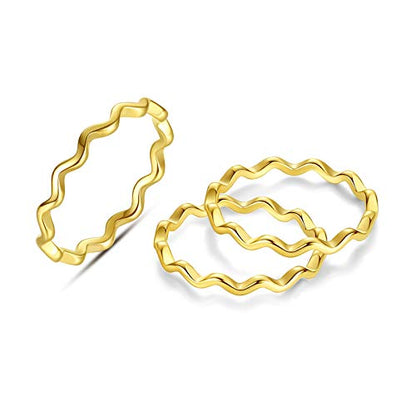 REVEMCN 3Pcs 316L Stainless Steel Simple Wave Ring Set for Women Men Stackable Knuckle Wedding Band Rings Comfort Fit Finger Ring 4 to 11 - color: Gold