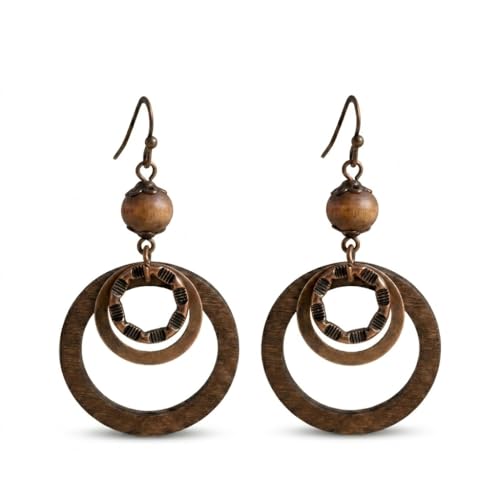 Boho Dangle Earrings for Women, Vintage Bohemian Geometric Round Hollow Drop Hoop Set, Retro Ethnic Tribal Beach Jewelry - color: Brown-Wood-2