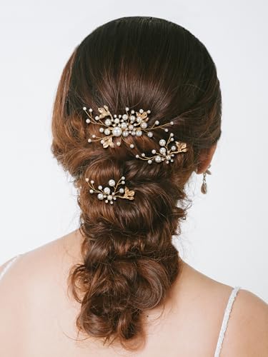 SWEETV Bridal Wedding Hair Accessories Set of 7, Pearl Wedding Hair Comb Rhinestone HairPins Leaf HairPieces Elegant Bridal Headpieces Accessories for Brides Bridesmaids Women Girls