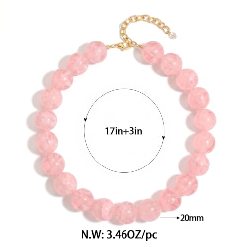 Chunky Beaded Choker Necklace for Women Boho Statement Necklace with Large Pearl Blue Brown Tone Resin Beads Summer Beach Jewelry Gifts - color: Pink